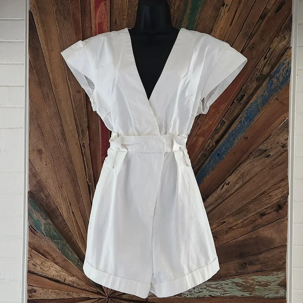 Marissa Webb Dixon paper bag cotton Romper white Dress Sz 4 pockets